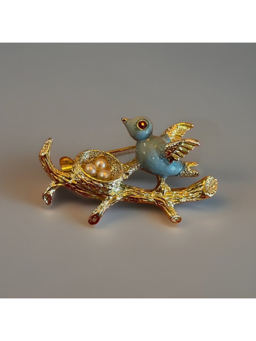 Vintage Gerrys Blue Enamel Bird Faux Pearl Gold-Tone Nest Branch Pin Brooch